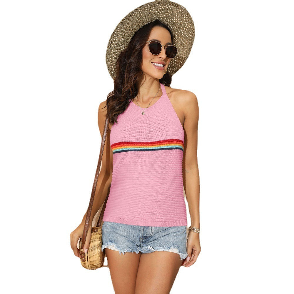 Rainbow Backless Knitted Halter Top