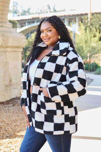 Double Take Full Size Checkered Button Front Coat with Pockets - Rose Gold Co. Shop