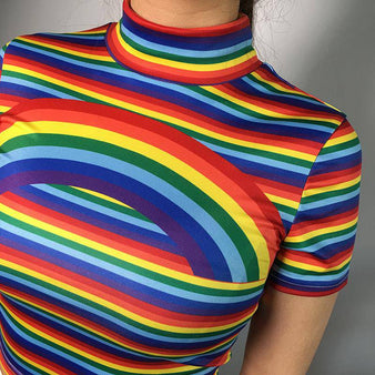 Rainbow Turtleneck Polyester Crop Top