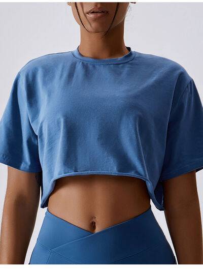 Cropped Round Neck Short Sleeve Active Top - Rose Gold Co. Shop