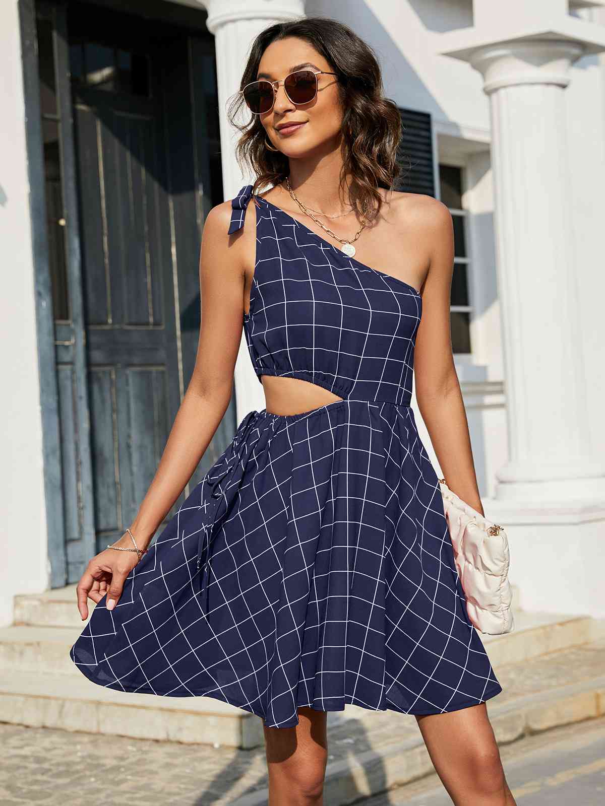 Grid One-Shoulder Tied Cutout Dress - Rose Gold Co. Shop