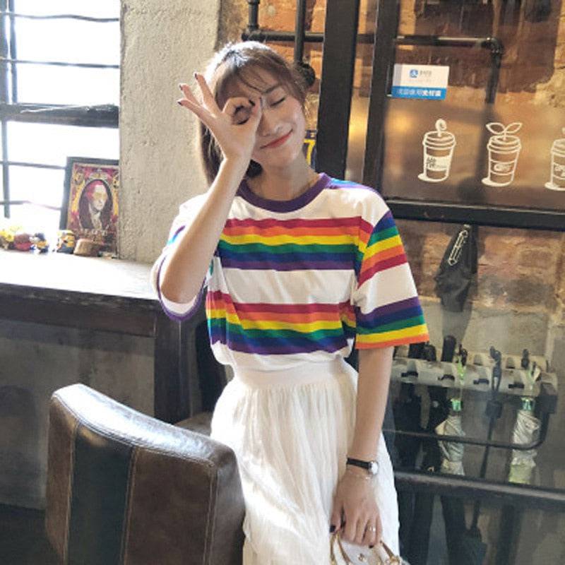Rainbow and White Color Stripes Loose Half-Sleeved T-Shirt