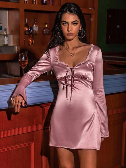 Tied Sweetheart Neck Long Sleeve Night Dress - Rose Gold Co. Shop