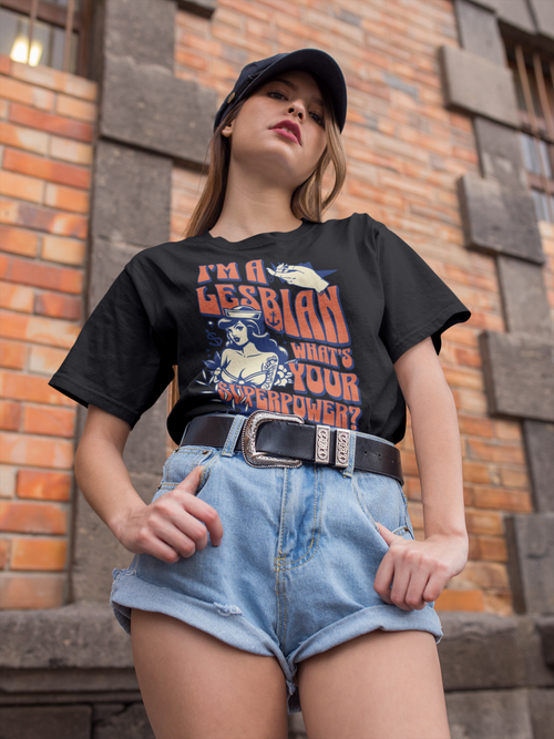 "Lesbian Superpower" retro rainbow tee — Rose Gold Co