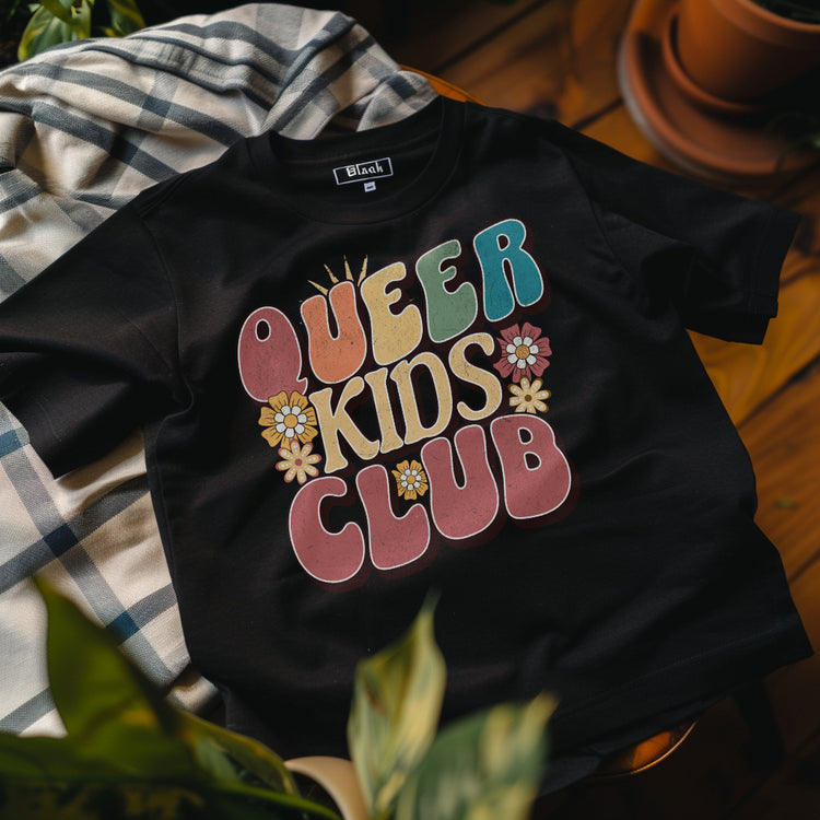 "Queer Kids Club" playful pride graphic tee — Rose Gold Co