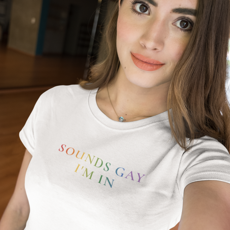 "Sounds Gay, I'm In" rainbow font tee — Rose Gold Co