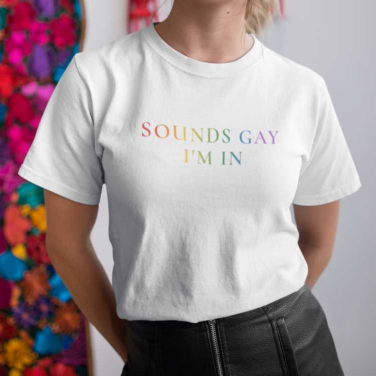 "Sounds Gay, I'm In" rainbow font tee, view 2 — Rose Gold Co