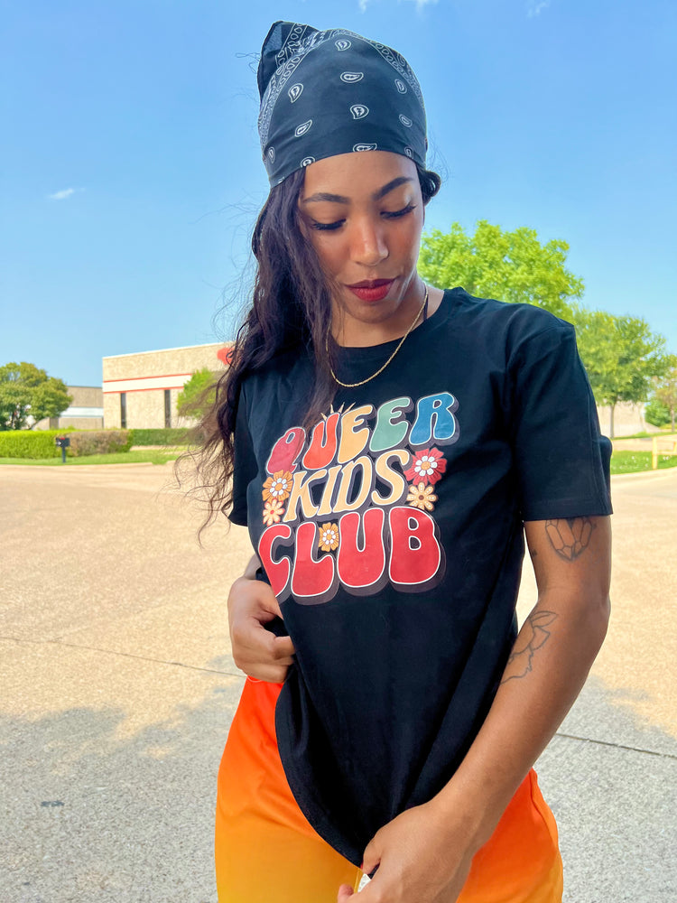 "Queer Kids Club" playful pride graphic tee, view 2 — Rose Gold Co