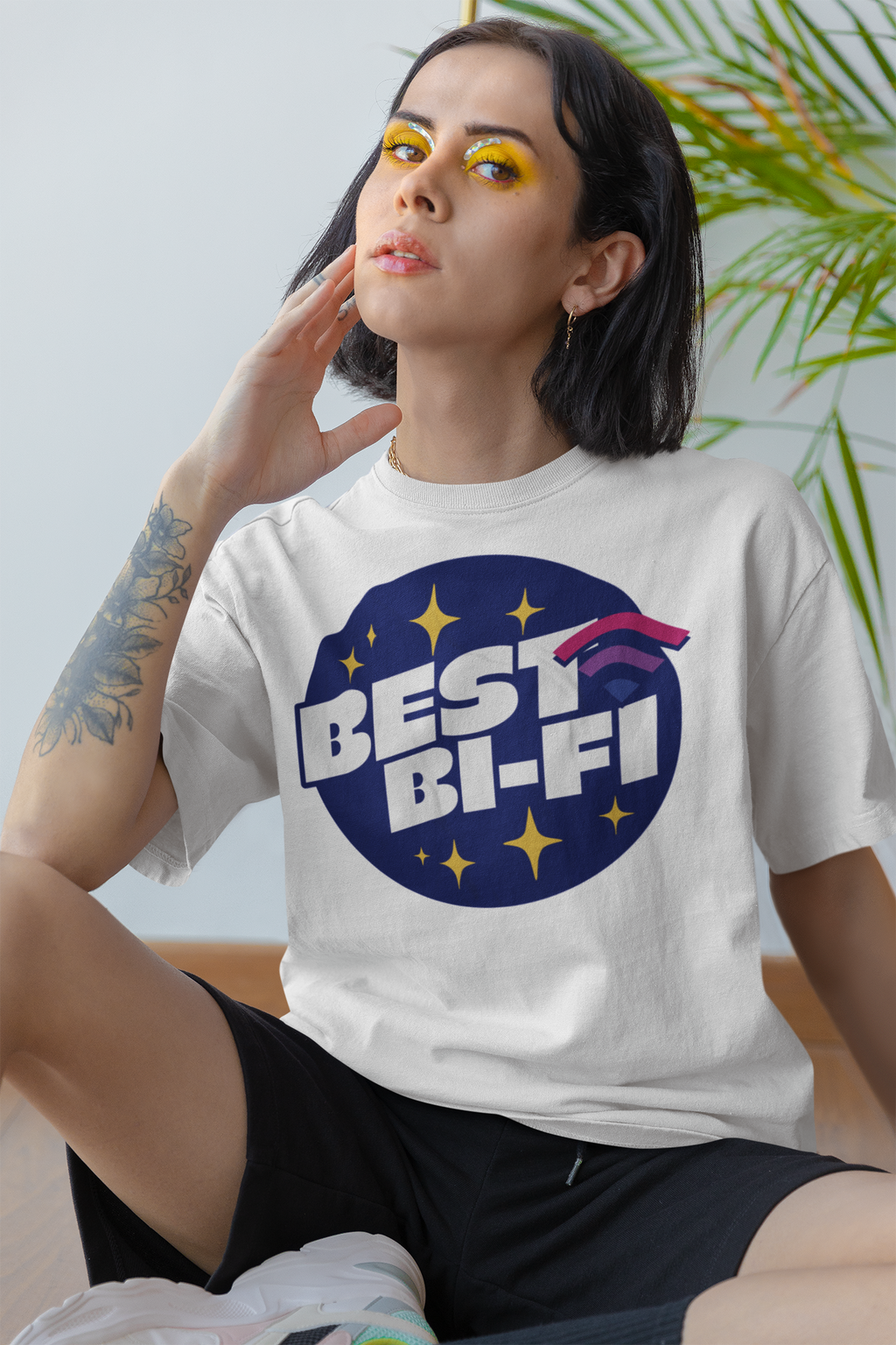 "Best Bi-Fi" bisexual pride pun tee, view 2 — Rose Gold Co
