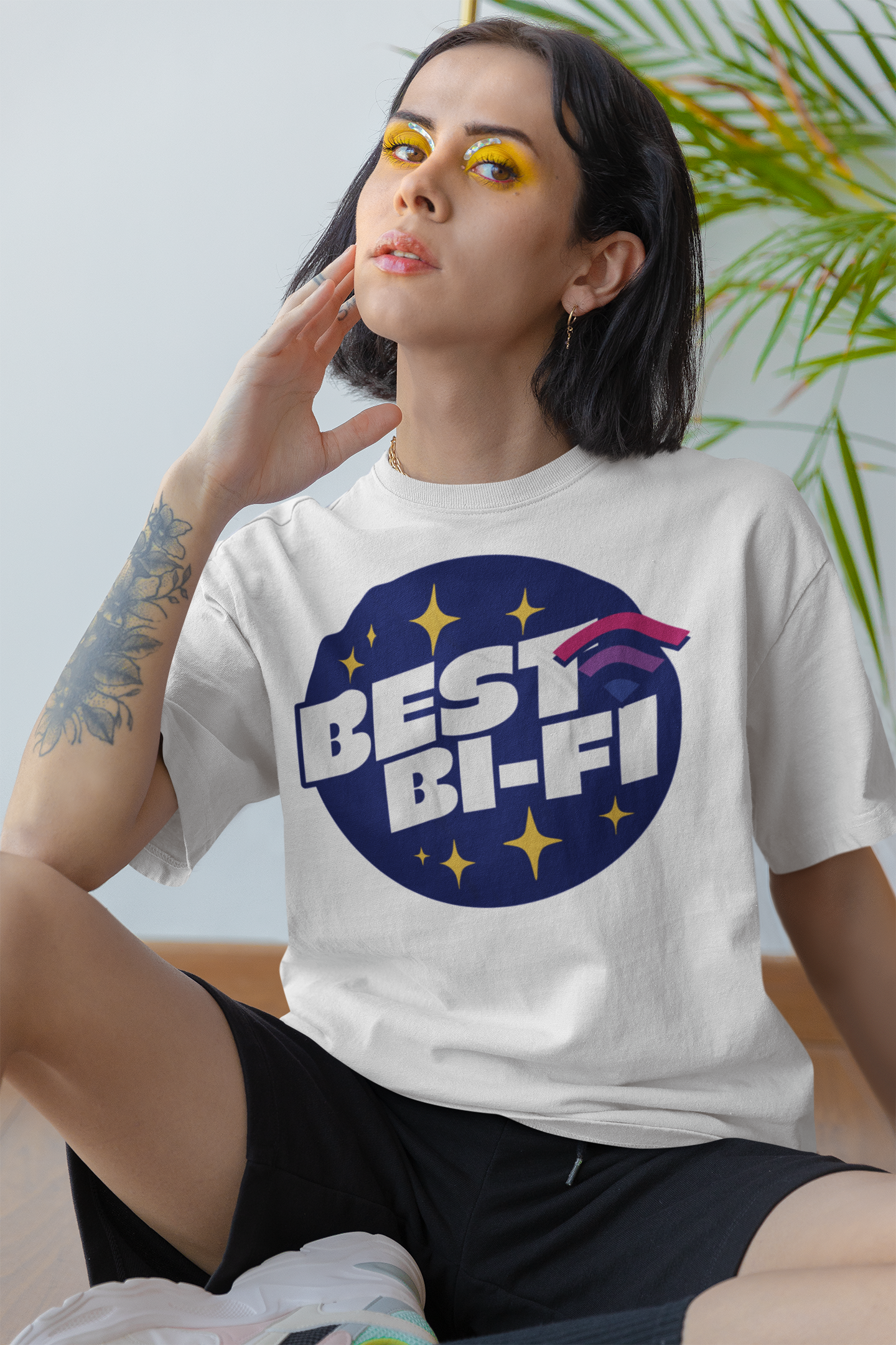 "Best Bi-Fi" bisexual pride pun tee, view 2 — Rose Gold Co