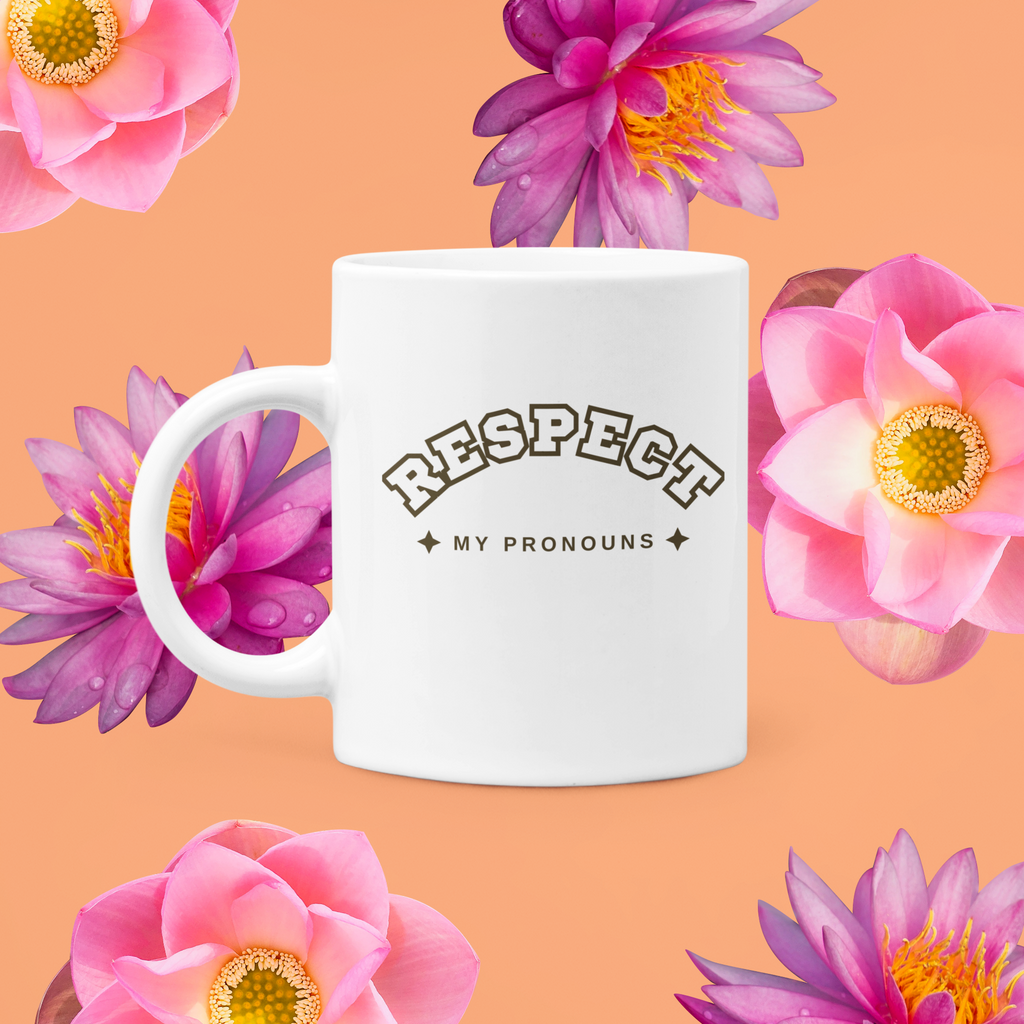 Respect My Pronouns They Them white glossy mug, view 3 — Rose Gold Co