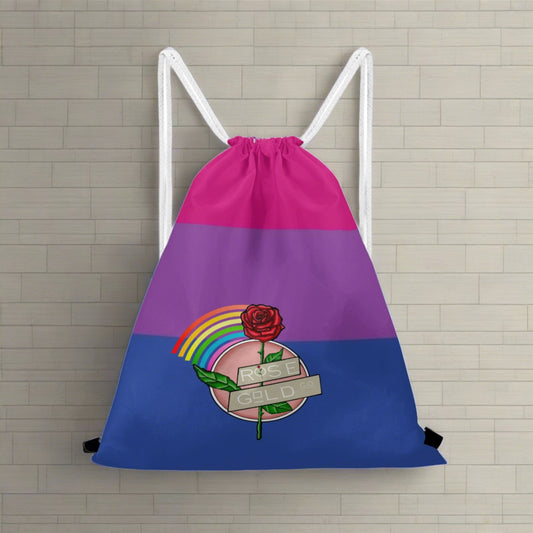 Bisexual Pride Drawstring Bag hanging on a gym wall