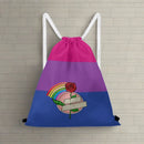 Bisexual Pride Drawstring Bag hanging on a gym wall