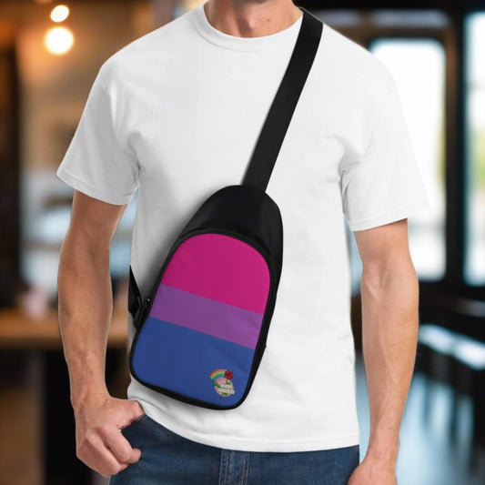 Man in coffee shop wearing bisexual pride chest bag