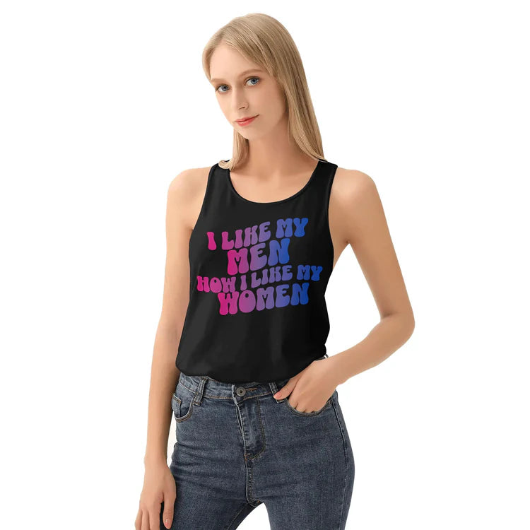 I Like My Men How I Like My Women bi pride tank top, view 2 — Rose Gold Co