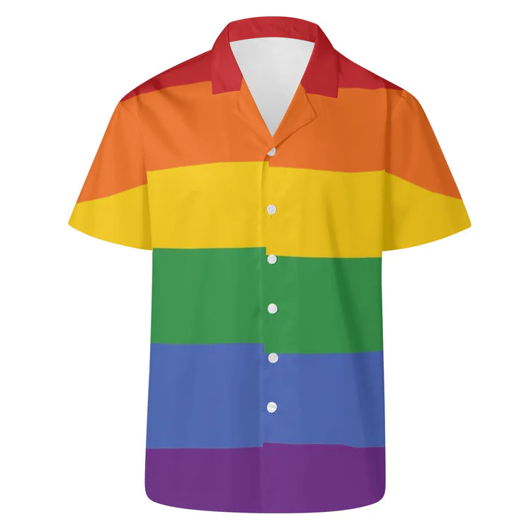 Rainbow stripe LGBT pride Hawaiian button-up shirt, view 7 — Rose Gold Co