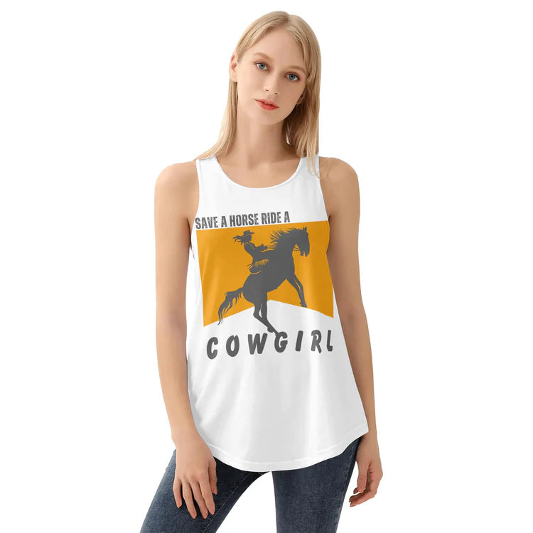 Save A Horse Ride A Cowgirl tank top, front — Rose Gold Co