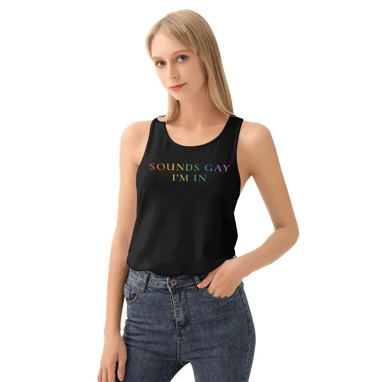 Sounds Gay I'm In rainbow tank top, view 2 — Rose Gold Co