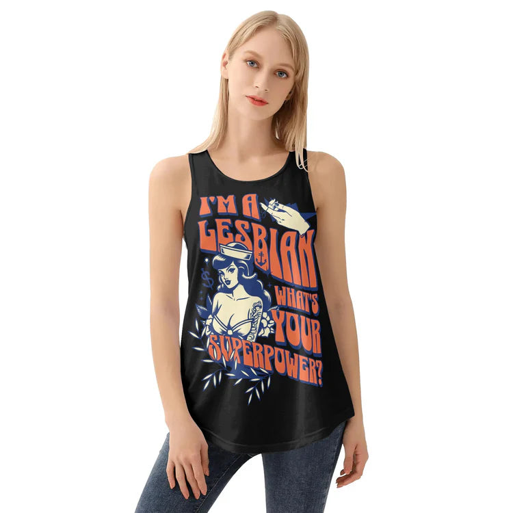 I'm A Lesbian What's Your Super Power tank top, view 2 — Rose Gold Co