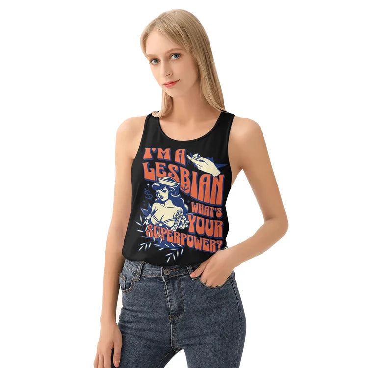 I'm A Lesbian What's Your Super Power tank top, front — Rose Gold Co