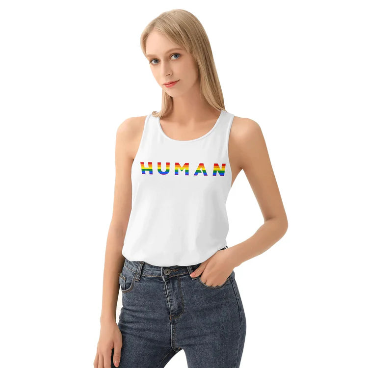 Human rainbow pride tank top in white, view 4 — Rose Gold Co