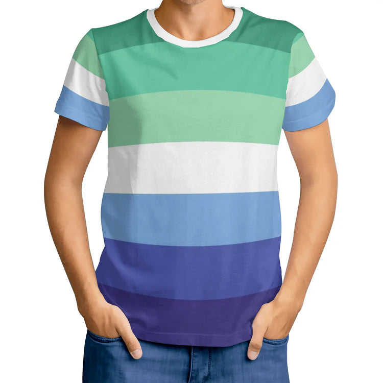 MLM pride flag all-over print tee — Rose Gold Co