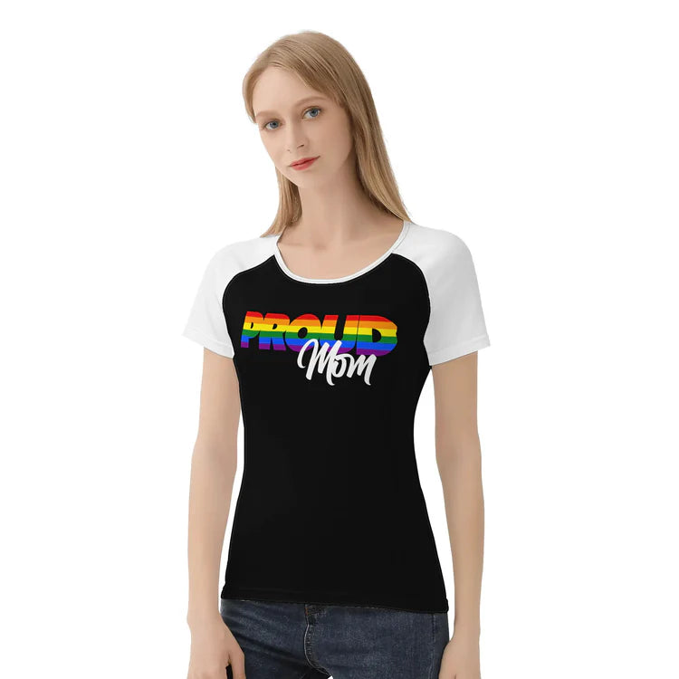 Proud Mom rainbow raglan baseball tee, view 3 — Rose Gold Co