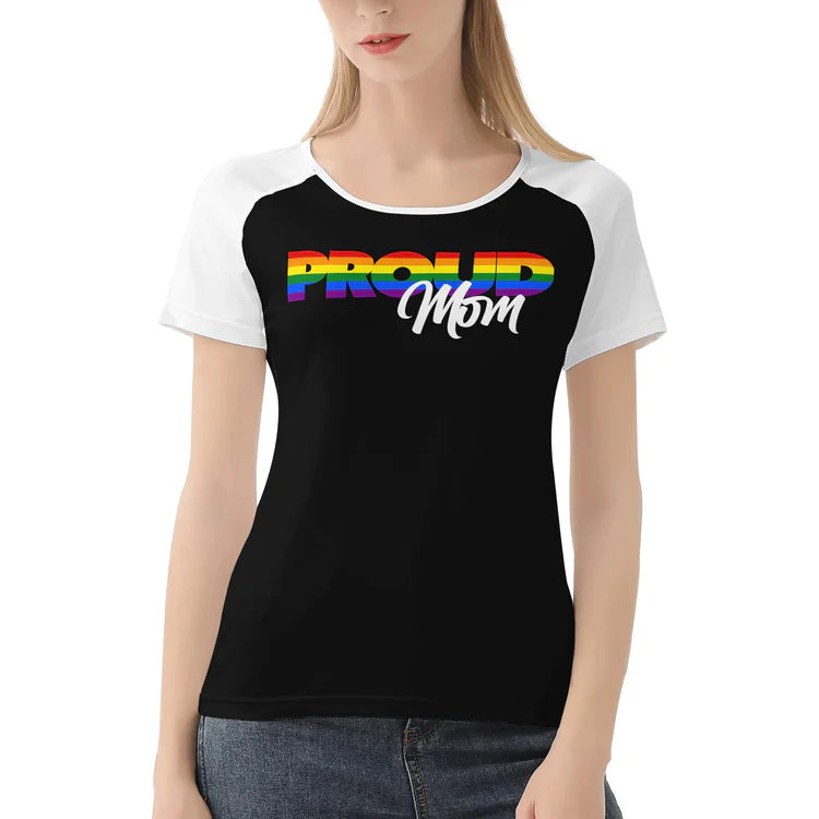 Proud Mom rainbow raglan baseball tee, front — Rose Gold Co