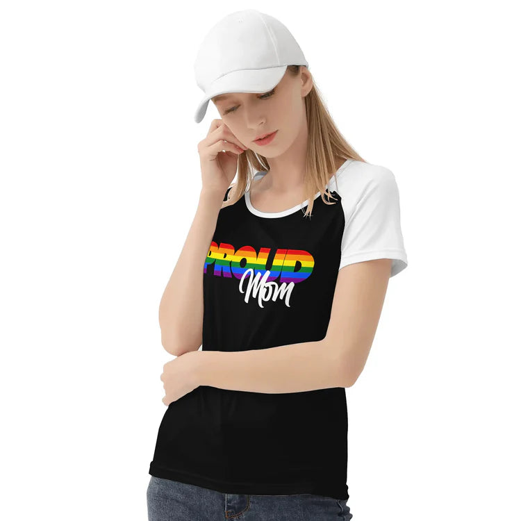 Proud Mom rainbow raglan baseball tee, view 6 — Rose Gold Co