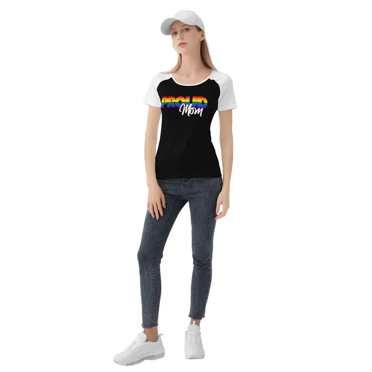 Proud Mom rainbow raglan baseball tee, view 2 — Rose Gold Co