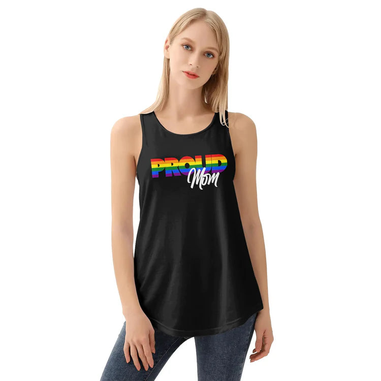 Proud Mom rainbow racerback tank, front — Rose Gold Co