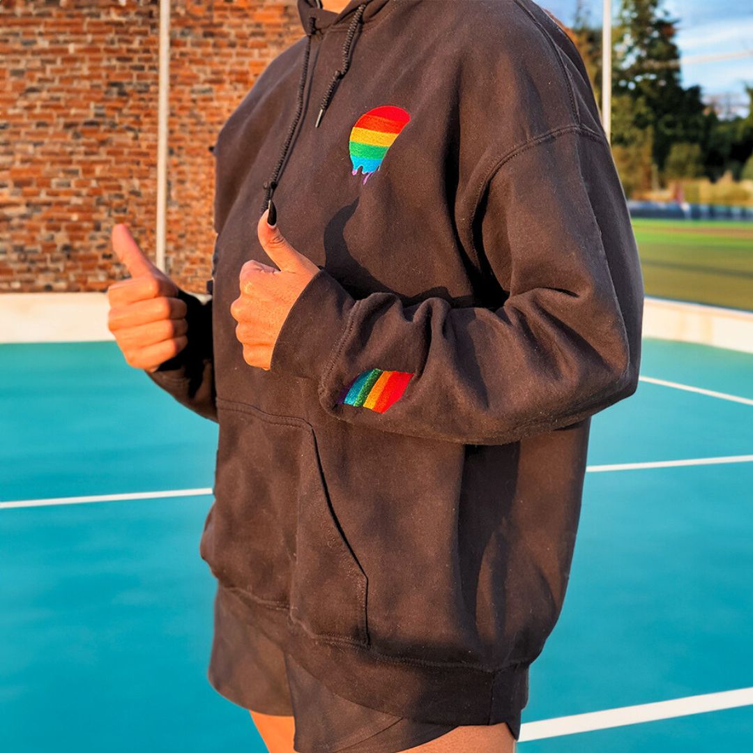 Rainbow Pride embroidered hoodie, view 2 — Rose Gold Co