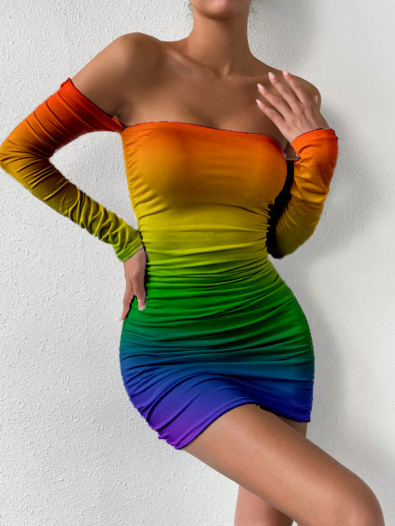 Rainbow Off The Shoulder Long Sleeve Dress
