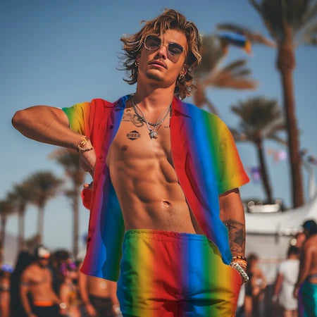 Rainbow pride festival button-up shirt, view 2 — Rose Gold Co