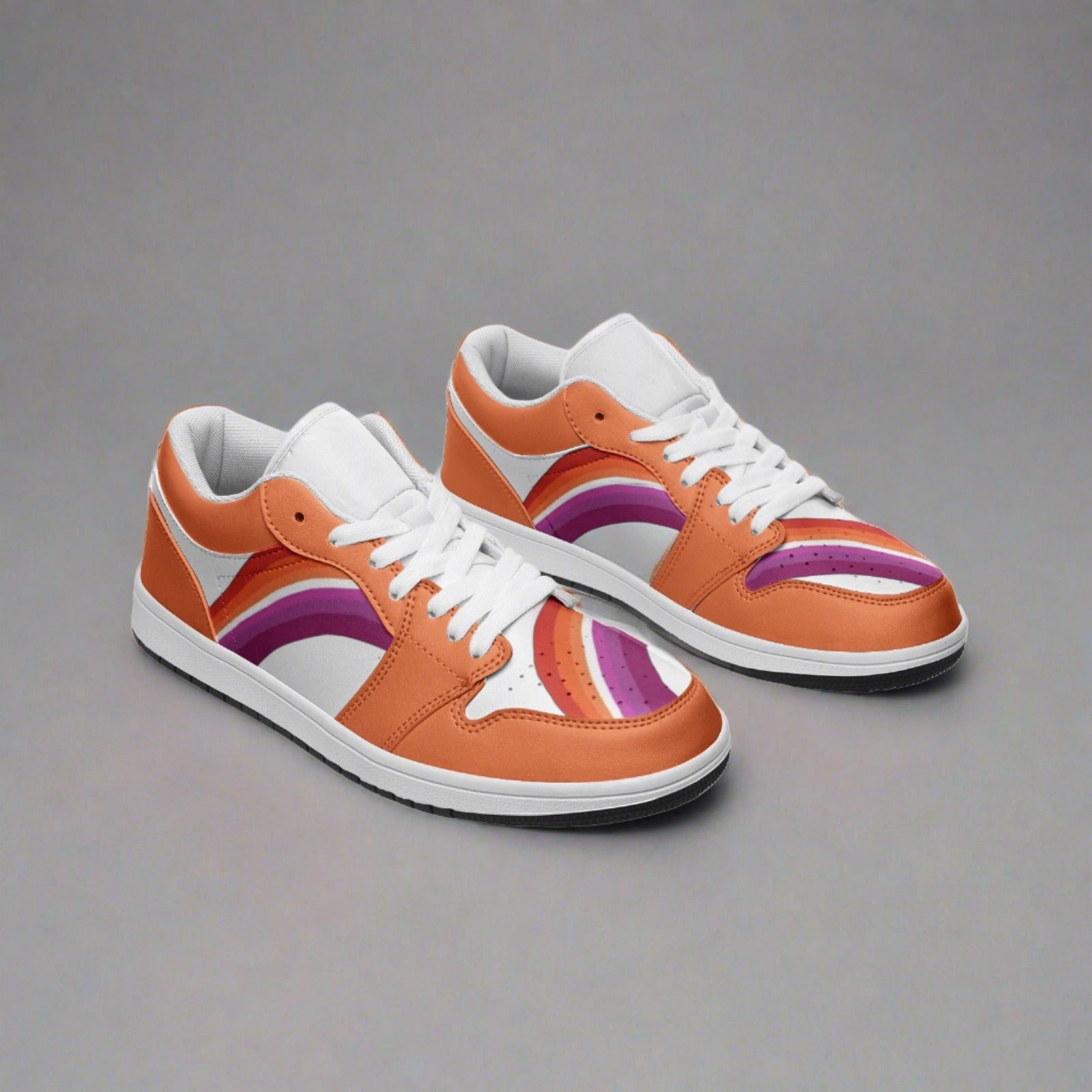 Sunset lesbian pride low-top sneakers, flat lay — Rose Gold Co