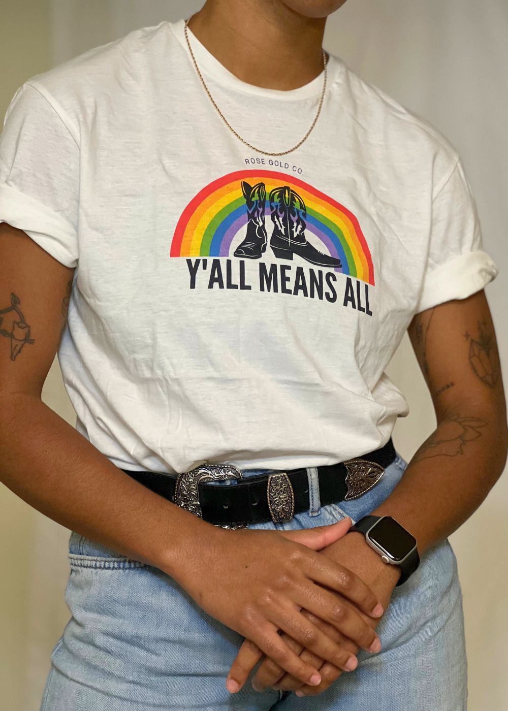 Y'all Means All ally tee, front — Rose Gold Co