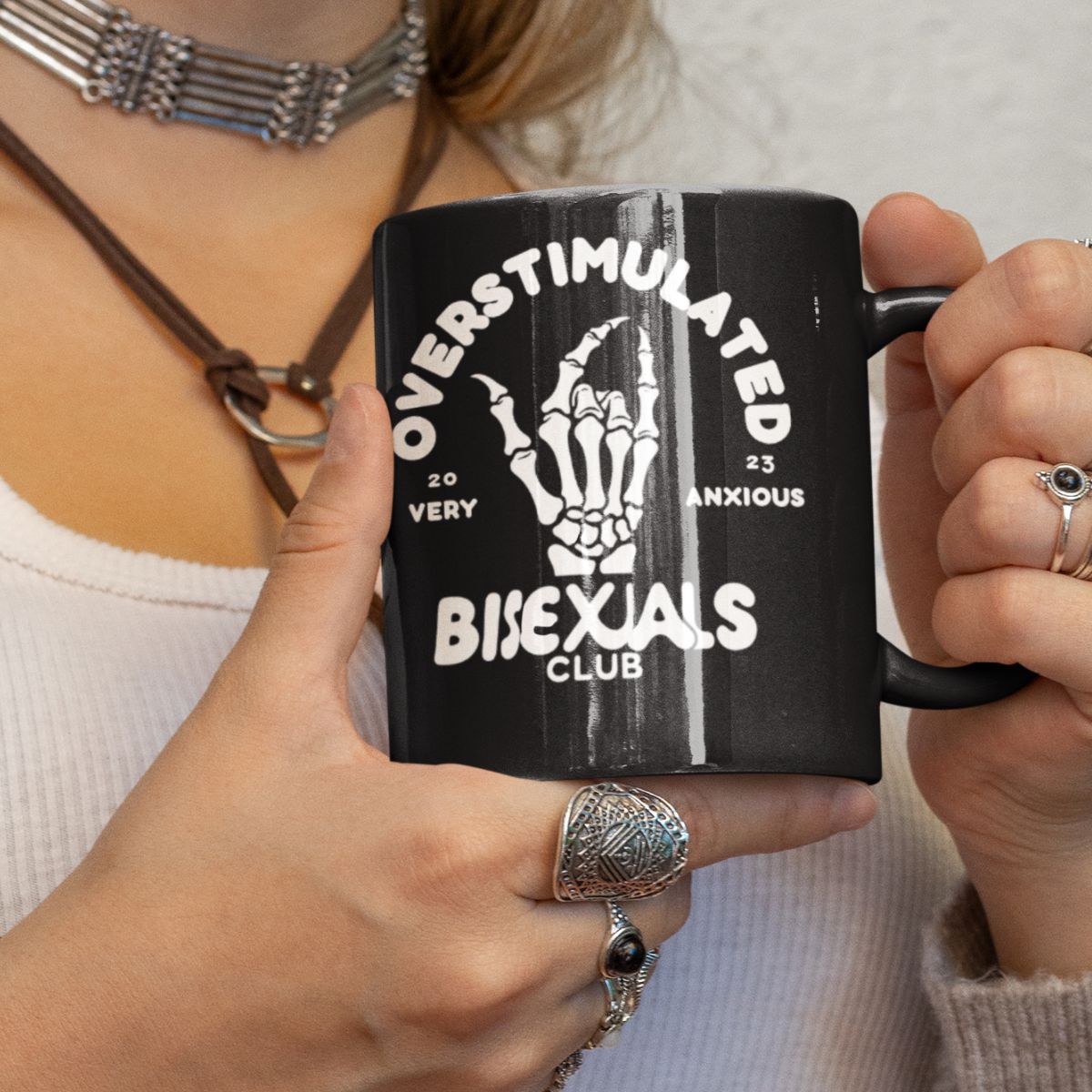 Overstimulated Bisexuals Club black glossy mug, view 3 — Rose Gold Co