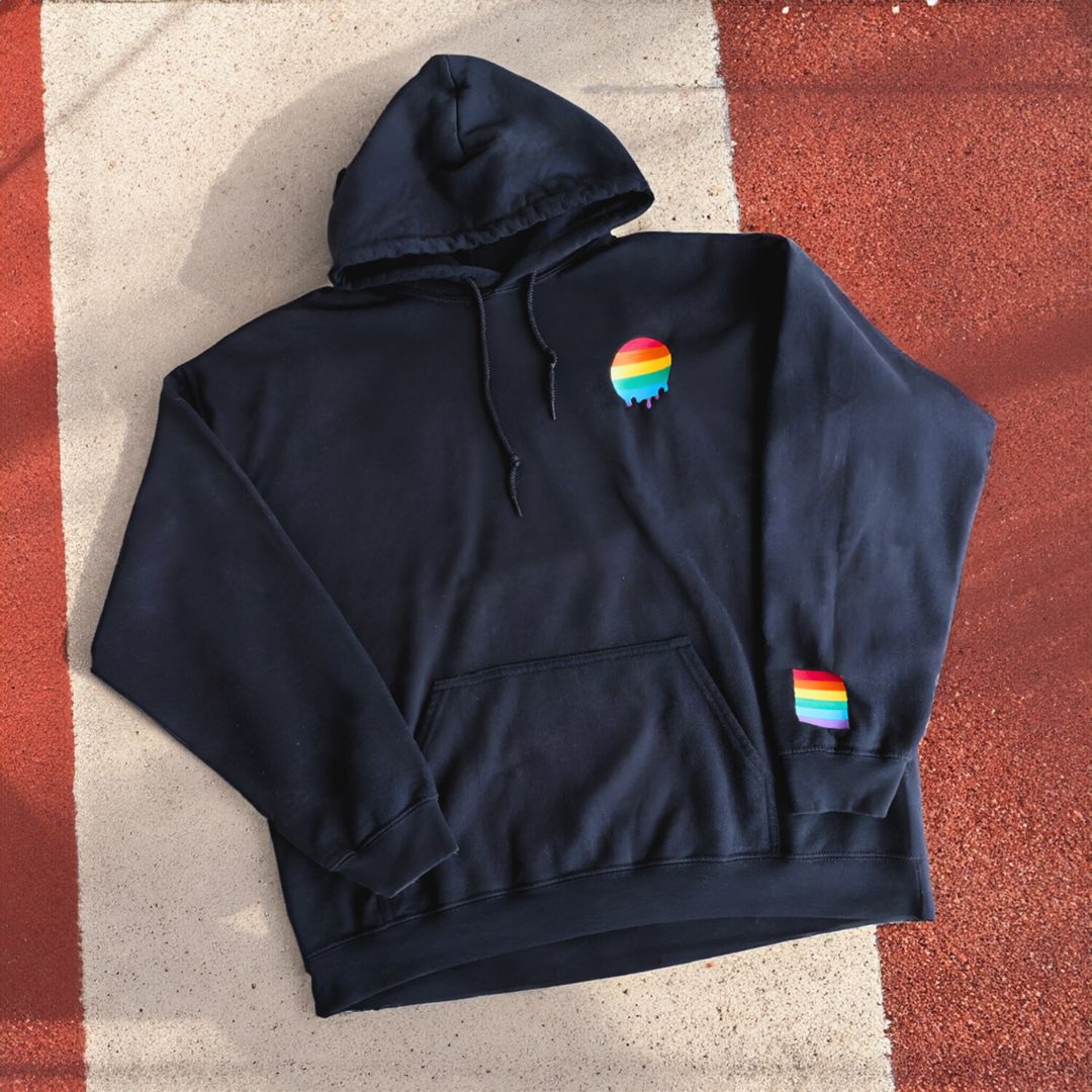 Rainbow Pride embroidered hoodie, front view — Rose Gold Co