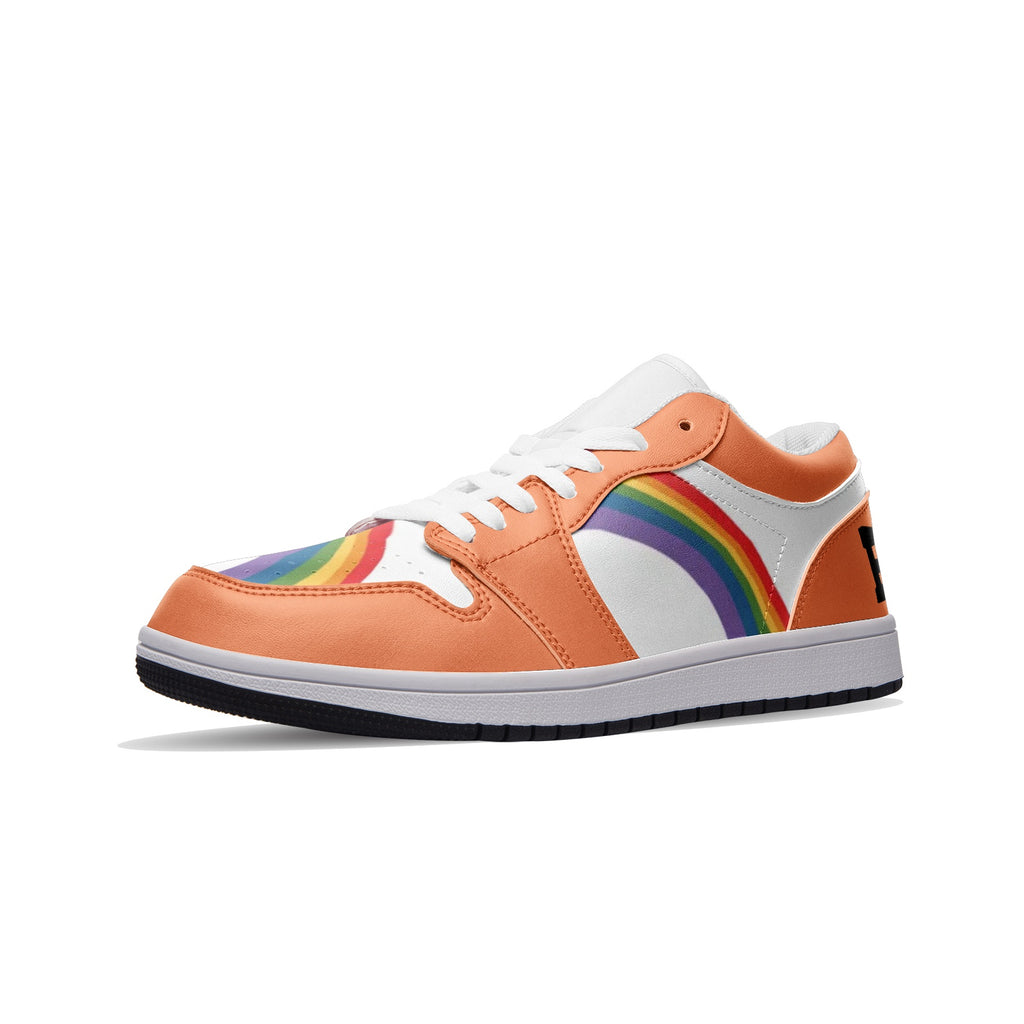 Rainbow pride burnt orange low-top sneakers, front view — Rose Gold Co