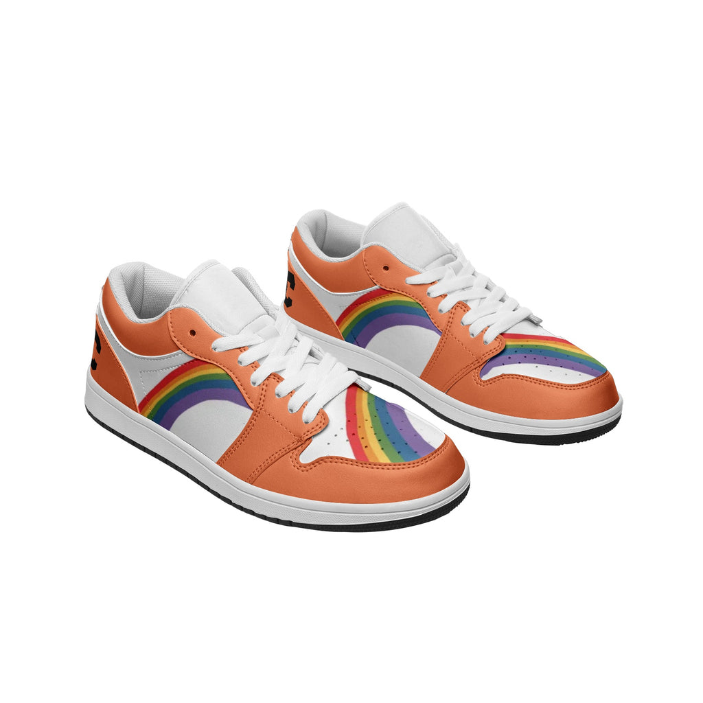 Rainbow pride burnt orange low-top sneakers, back view — Rose Gold Co