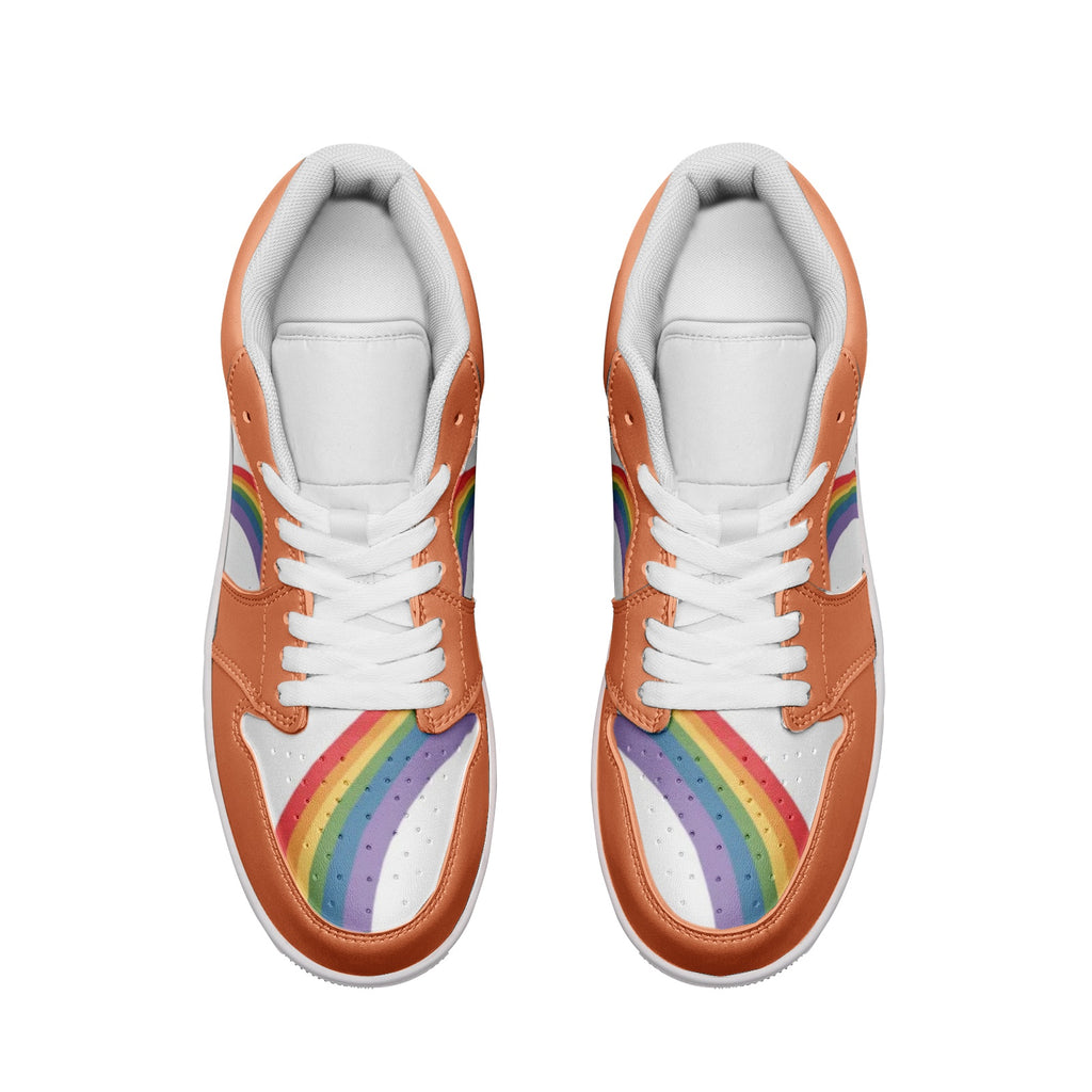 Rainbow pride burnt orange low-top sneakers, side view — Rose Gold Co