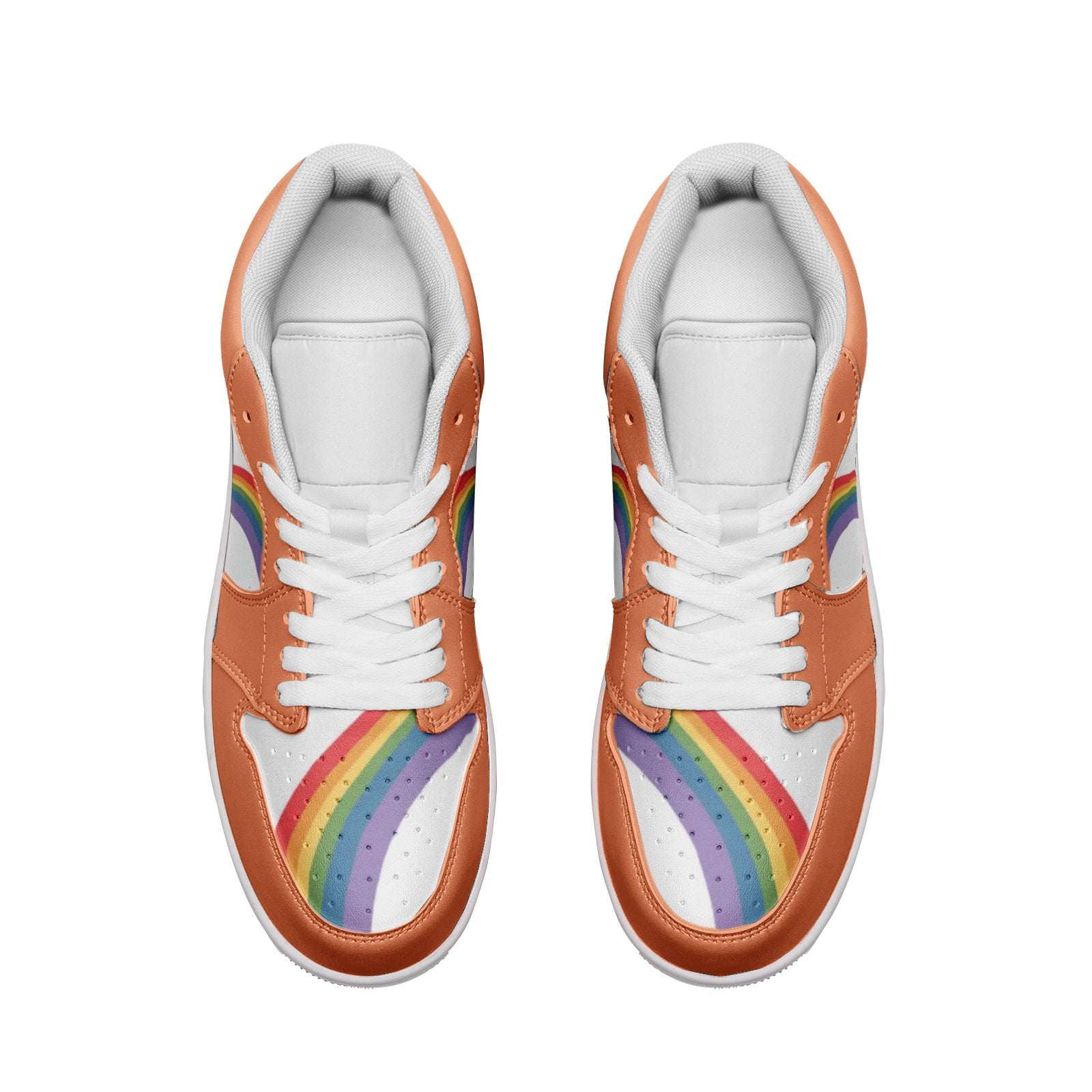 Rainbow pride burnt orange low-top sneakers, side view — Rose Gold Co