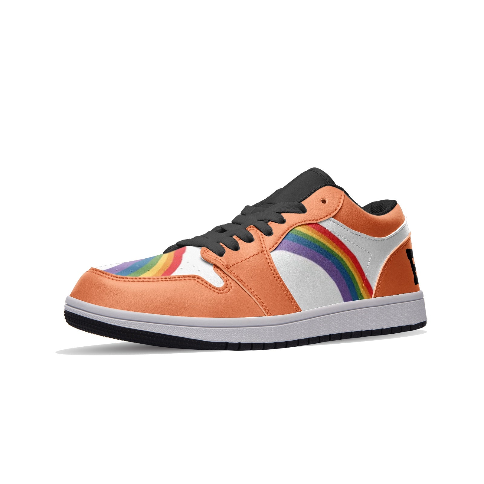 Rainbow pride burnt orange low-top sneakers, detail view — Rose Gold Co