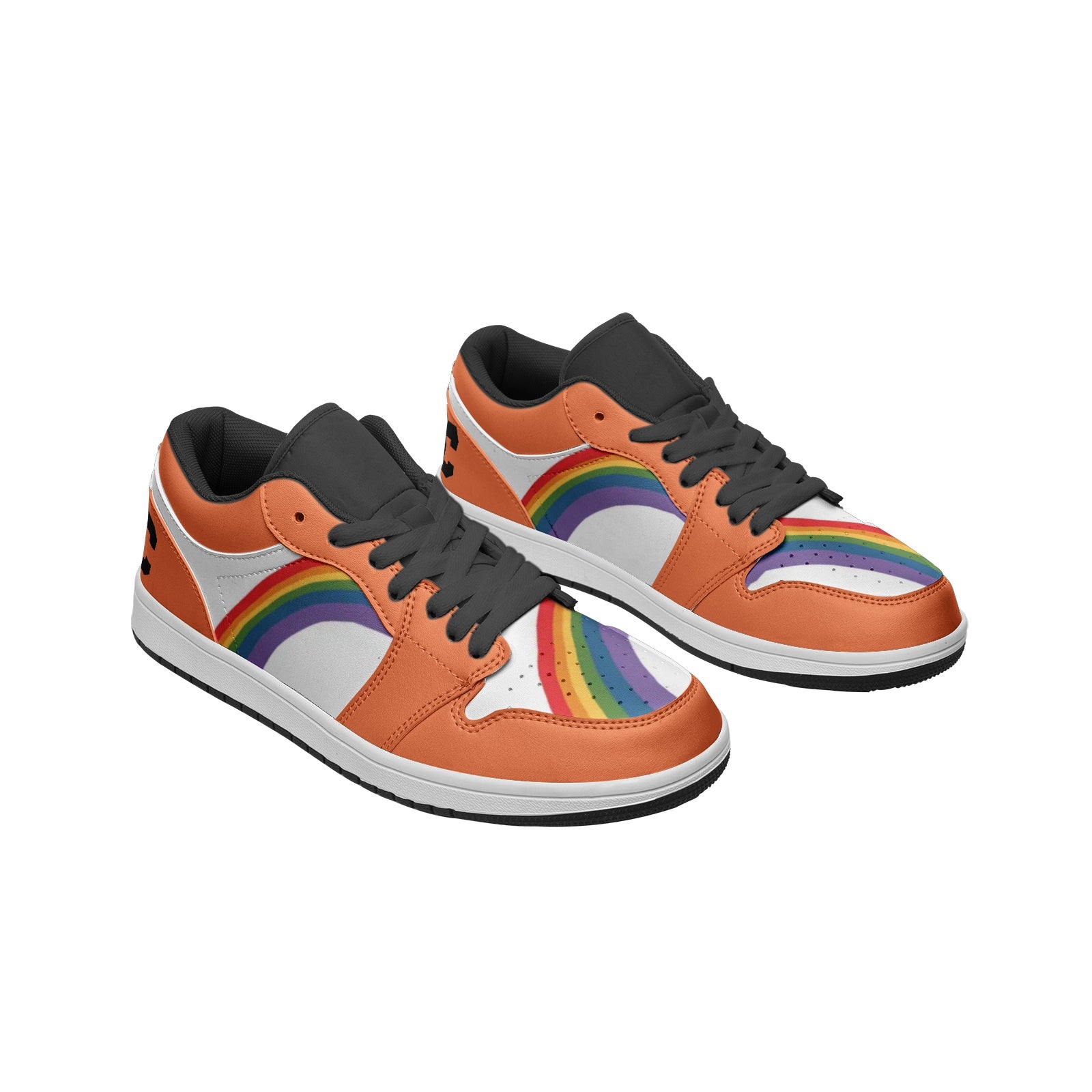 Rainbow pride burnt orange low-top sneakers, flat lay — Rose Gold Co