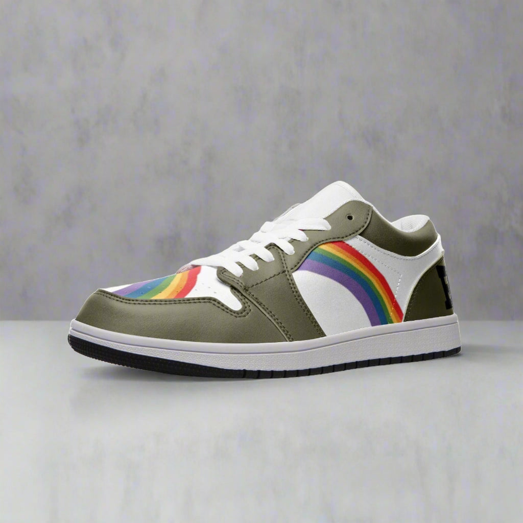 Rainbow pride olive green low-top sneakers, back view — Rose Gold Co
