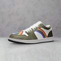 Rainbow pride olive green low-top sneakers, back view — Rose Gold Co