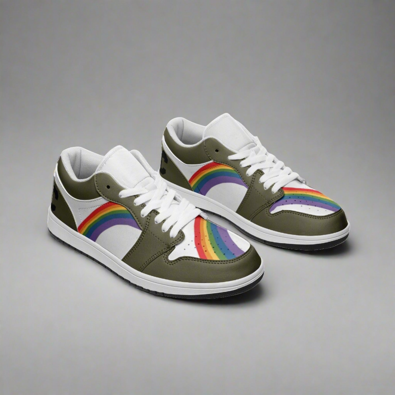 Rainbow pride olive green low-top sneakers, side view — Rose Gold Co