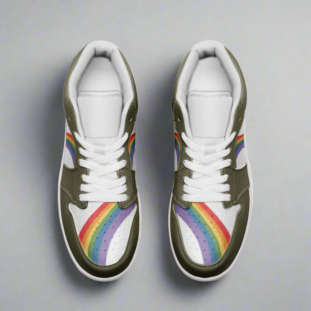 Rainbow pride olive green low-top sneakers, detail view — Rose Gold Co