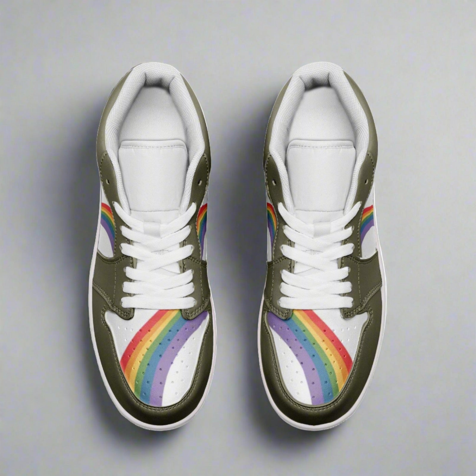 Rainbow pride olive green low-top sneakers, detail view — Rose Gold Co