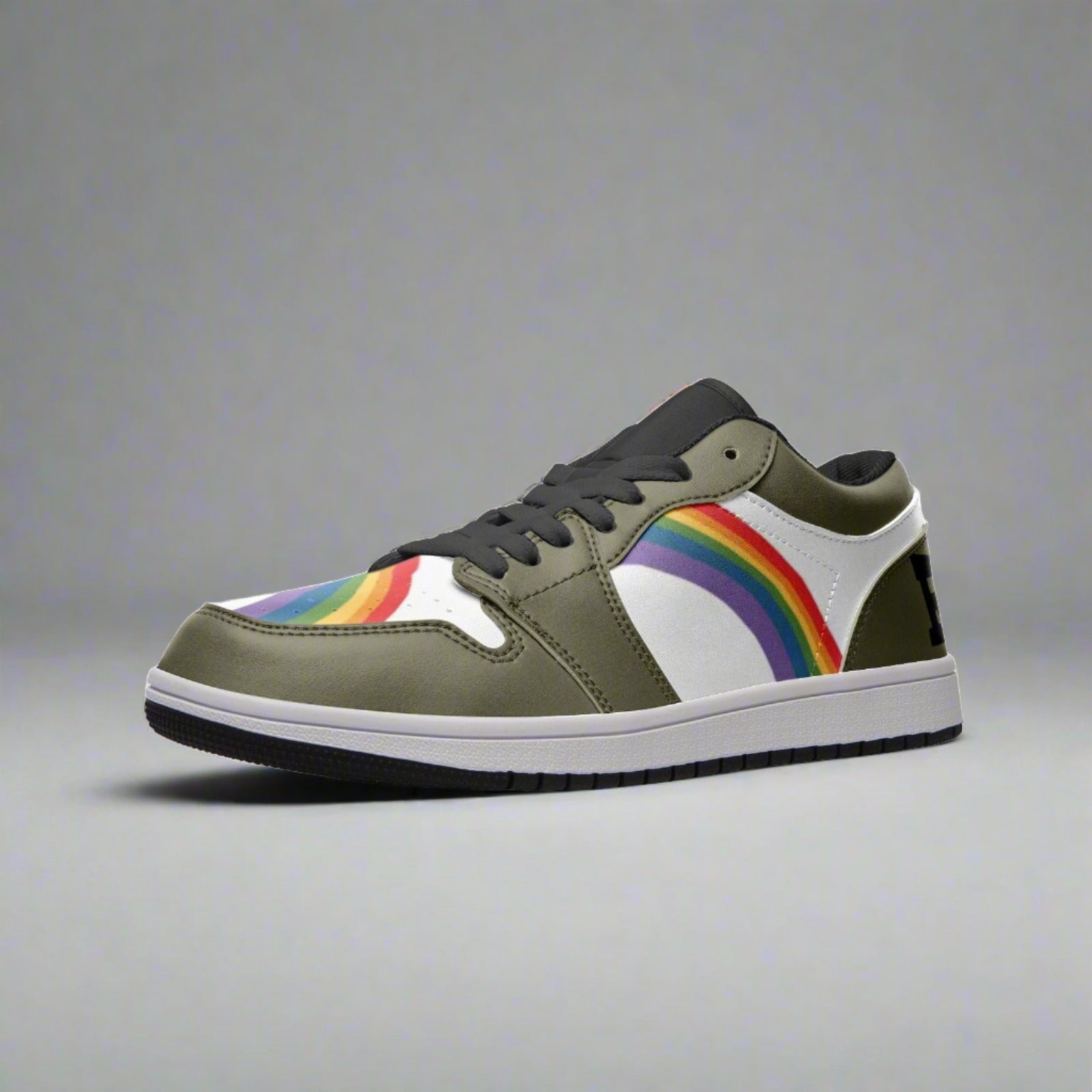 Rainbow pride olive green low-top sneakers, flat lay — Rose Gold Co